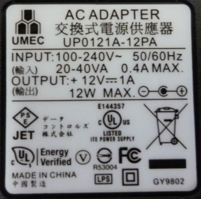 画像1: AC電源アダプタ（12V, 1A）